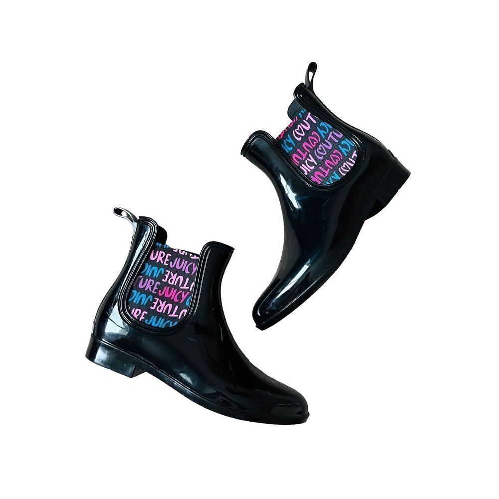 Juicy Couture Romance fashion rain boots sz 9 Tarain Solid Black Ancle Slip Pull